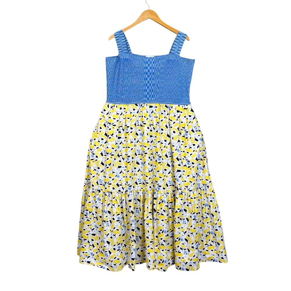 Tanya Taylor Dress Womens 2X Yellow Floral Cotton Smocked Tiered Midi Pockets